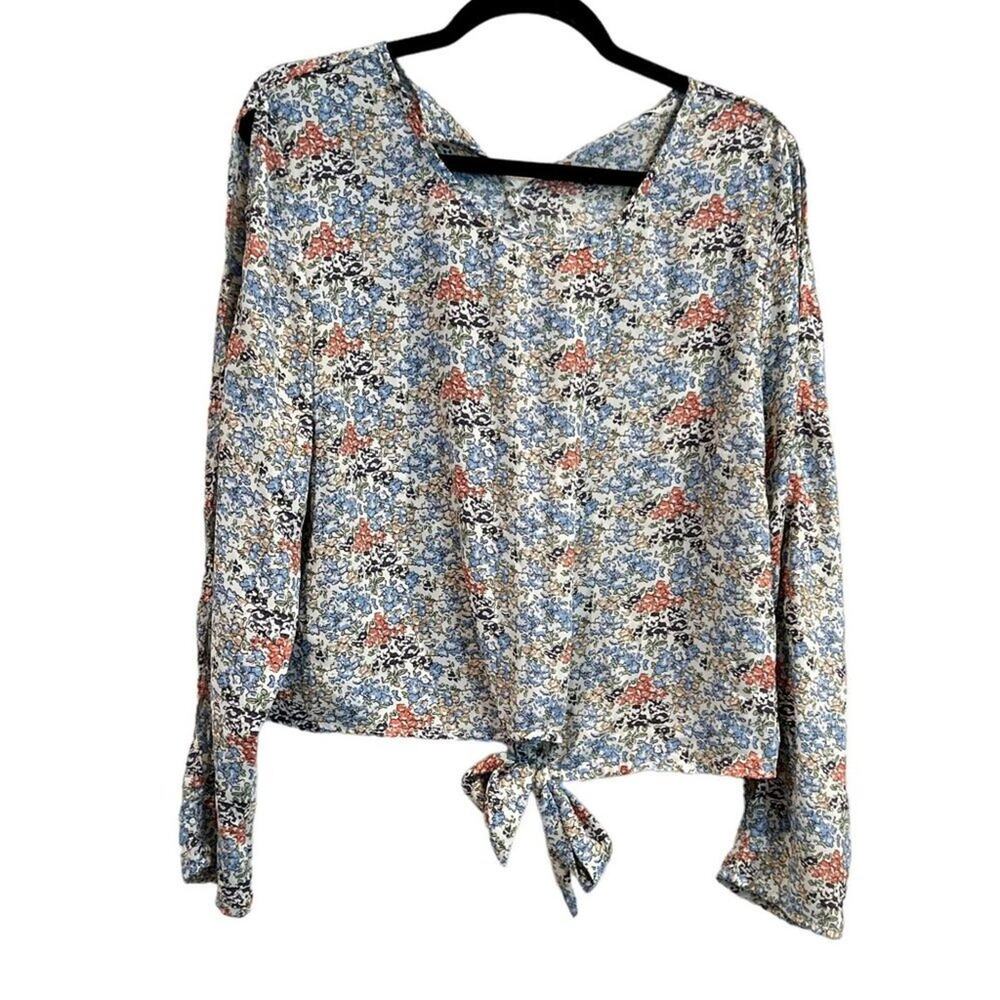 Moral Fiber Floral Tie Front Blouse XL Bell Sleeve Cottagecore Boho Top
